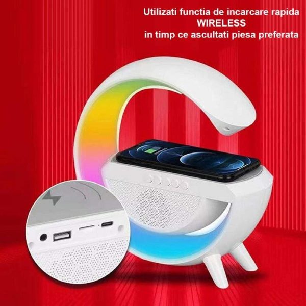 Boxa multifunctionala 3-in-1, incarcator telefon wireless, lampa LED, lumina ambientala RGB care schimba culoare, difuzor Bluetooth, alb