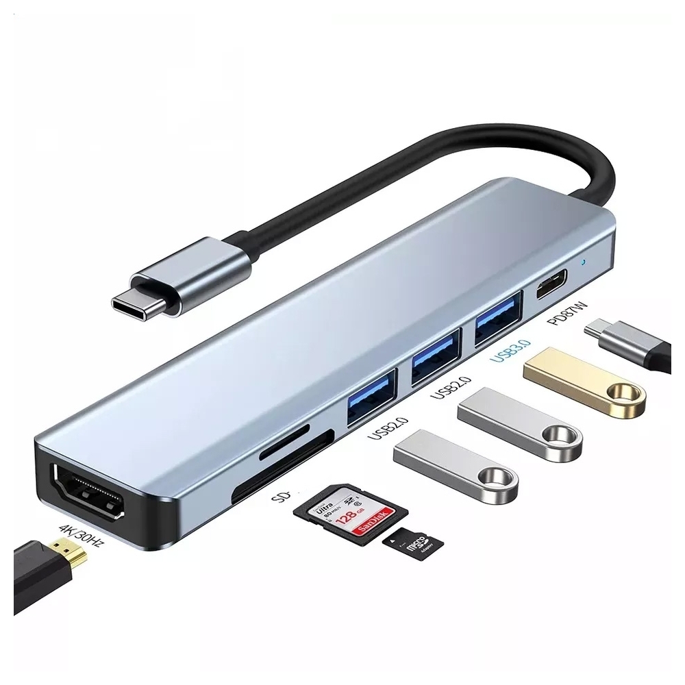 Adaptor USB Type-C 7-in-1 pentru Macbook Pro si Air/ Chromebook, argintiu