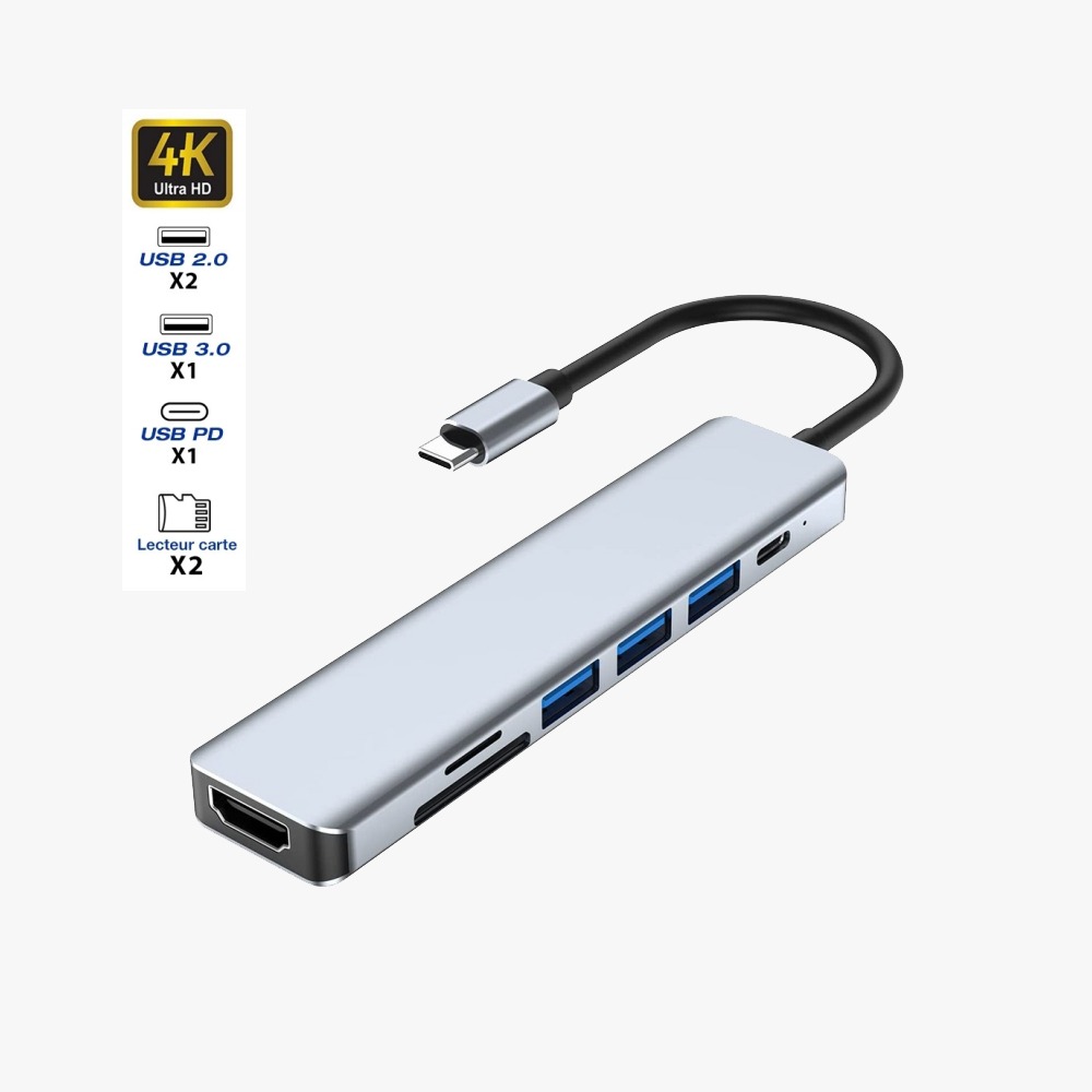 Adaptor USB Type-C 7-in-1 pentru Macbook Pro si Air/ Chromebook, argintiu