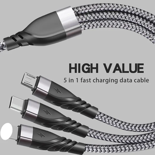 Cablu de transfer date si incarcare 3 in 2 6A, Fast Charge, Protectie din silicon si invelis din nylon dublu impletit, Universal, Lungime cablu 1, 2 M