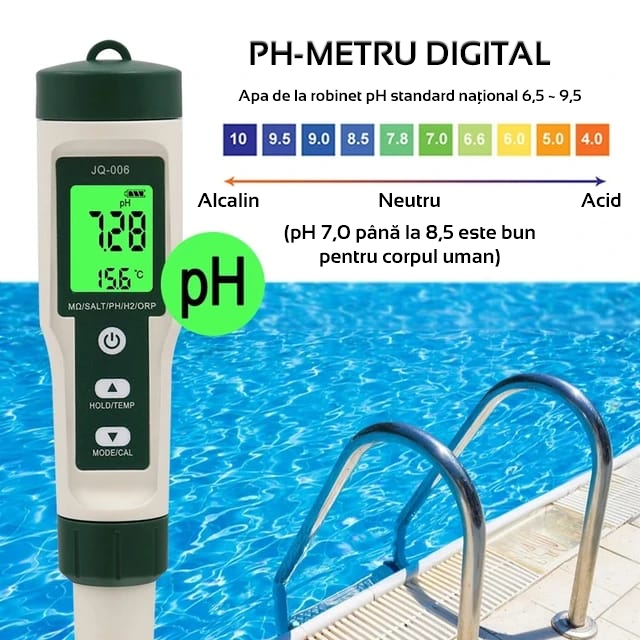 Tester multifunctional de masurare a calitatatii apei 10-in-1 pentru acvarii si piscine, PH TDS EC SALT ORP TEMP S.G H2, rezistivitate, fertilitate, senzor de conductivitate