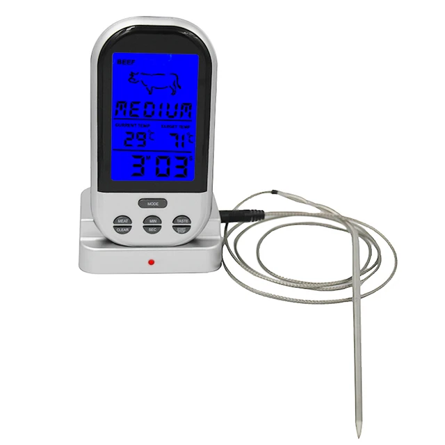 Termometru alimentar cu sonda pentru gratar, display LCD, wireless, gri
