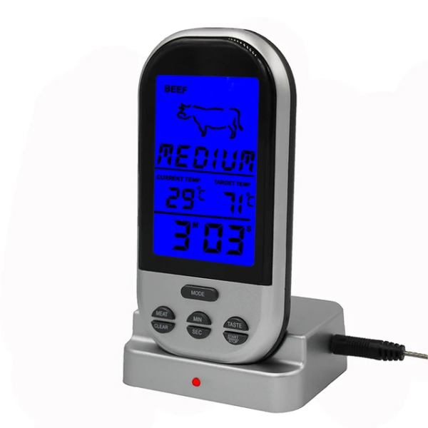 Termometru alimentar cu sonda pentru gratar, display LCD, wireless, gri