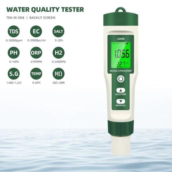 Tester multifunctional de masurare a calitatatii apei 10-in-1 pentru acvarii si piscine, PH TDS EC SALT ORP TEMP S.G H2, rezistivitate, fertilitate, senzor de conductivitate