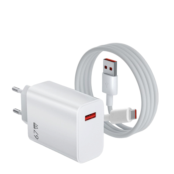 Adaptor Quick Charge 67W cu cablu tip C inclus, tehnologie GaN, compatibil cu Xiaomi, Huawei, IPhone, Samsung, tableta, alb