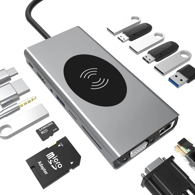 Statie de andocare USB C 15 in 1, HDMI, VGA, incarcator wirless, Gigabit Ethernet, 3 x usb 3.0, 4 x usb 2.0, cititor de carduri SD/TF, jack audio de 3,5 mm, port de incarcare de tip C, gri