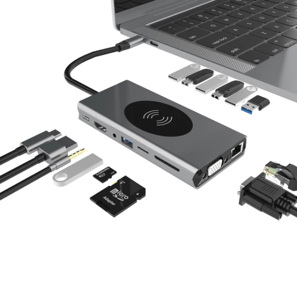 Statie de andocare USB C 15 in 1, HDMI, VGA, incarcator wirless, Gigabit Ethernet, 3 x usb 3.0, 4 x usb 2.0, cititor de carduri SD/TF, jack audio de 3,5 mm, port de incarcare de tip C, gri
