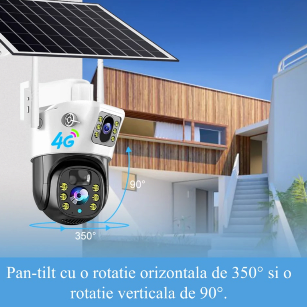 Camera de Supraveghere ELMHURST cu Panou Solar 10W, 5MP, Zoom Digital 10X, Acumulator incorporat 12000 mAh, Micro SD, SIM Card, Conexiune 4G