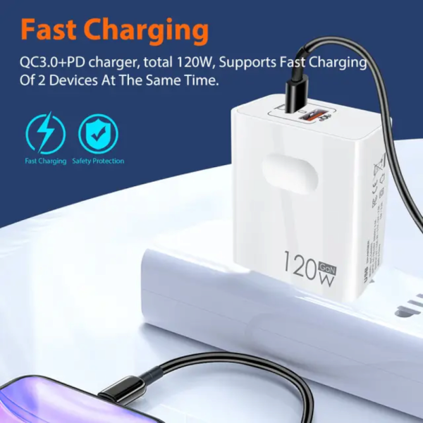 Incarcator retea 120W fast charger, tehnologie Gan, dual port USB + type C PD, compatibil cu iPhone, Samsung, Huawei, Oppo, Xiaomi