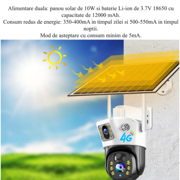 Camera de Supraveghere Multifunctionala cu Panou Solar 10W, 5MP, Zoom Digital 10X, Acumulator incorporat 12000 mAh, Micro SD, SIM Card, Conexiune 4G