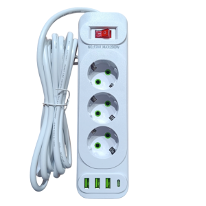 Prelungitor power soket 3 prize, 3xUSB, 1x tip C, 5V/2.1A, 2500 W, protectie copii, lungime cablu 3 m, alb