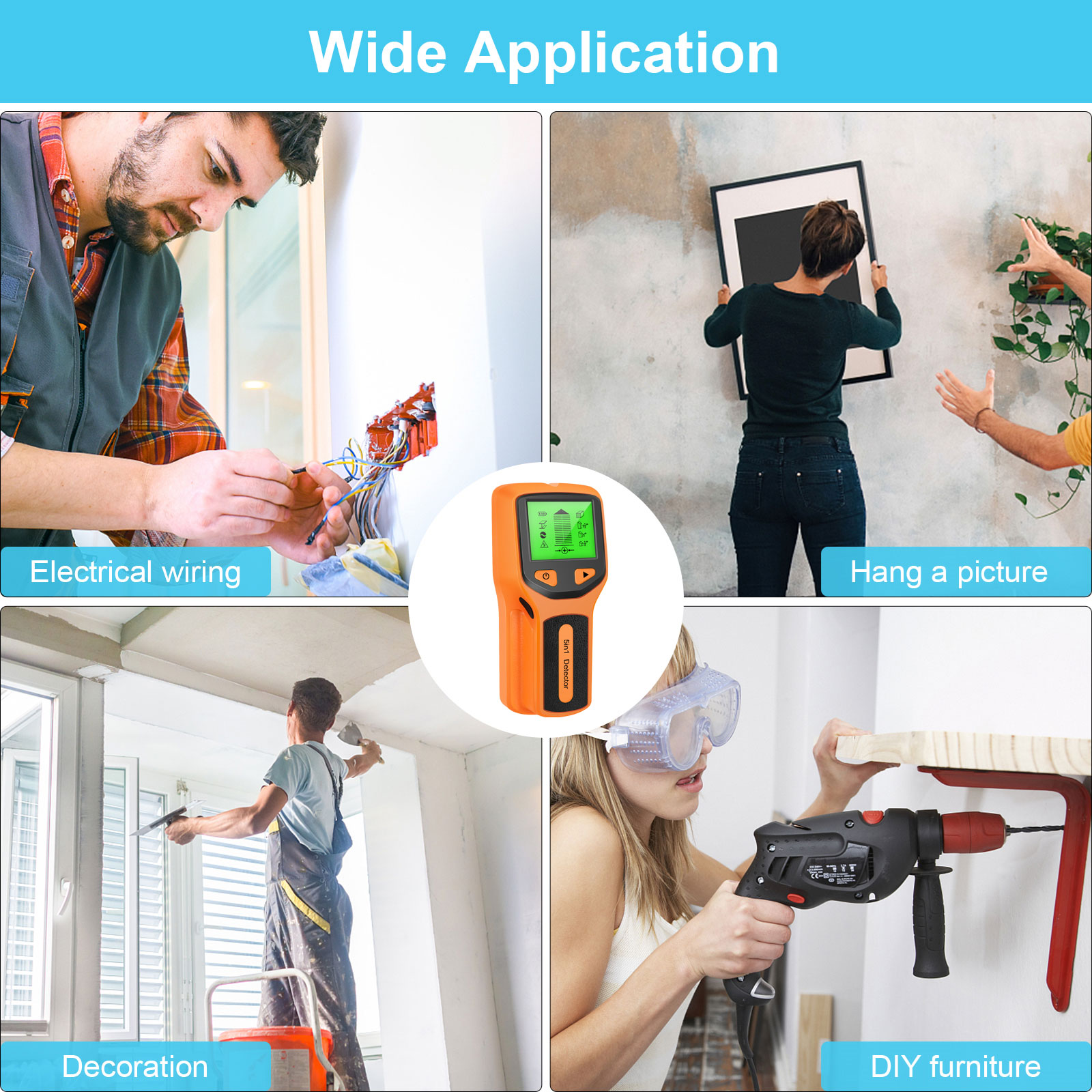 Detector de cabluri electrice 5-in-1, scaner de perete, localizator metale - imagine 3