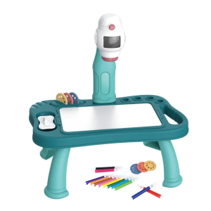 Set masuta de desen cu proiector holografic, 6 diapozitive cu 48 animatii si muzica, 12 carioci, albastru, 32 x 25 x 38 cm