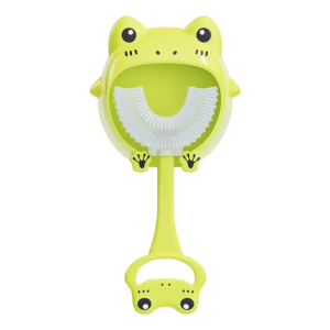 Periuta de dinti pentru copii 2-12 ani cu suport caricatura broscuta, silicon alimentar, rotire 360 grade, galben