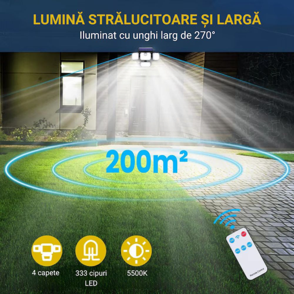 Lampa solara de exterior cu senzor de miscare, 333 x cip-uri LED, brate reglabile, panou solar detasabil, telecomanda, IP65