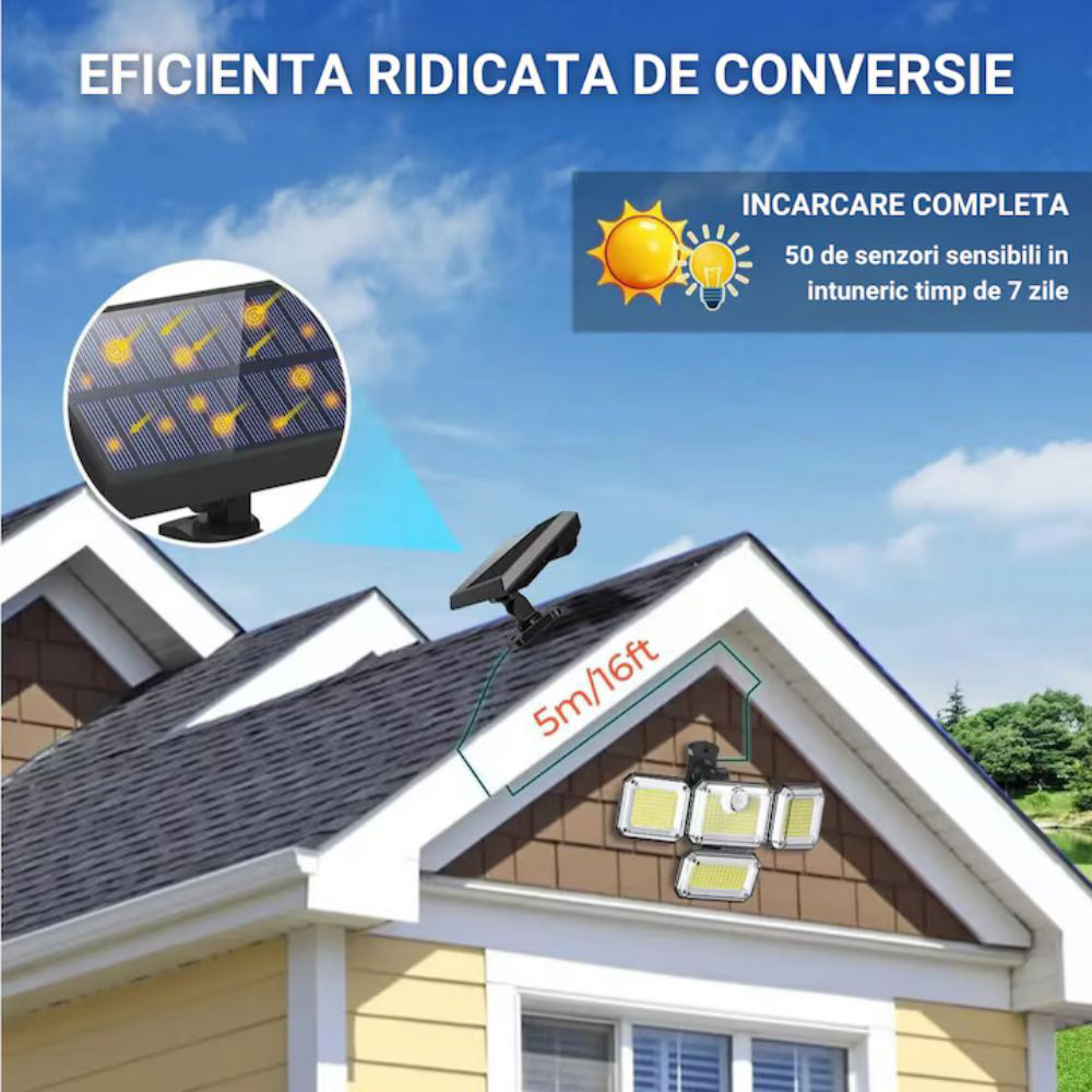 Lampa solara de exterior cu senzor de miscare, 333 x cip-uri LED, brate reglabile, panou solar detasabil, telecomanda, IP65