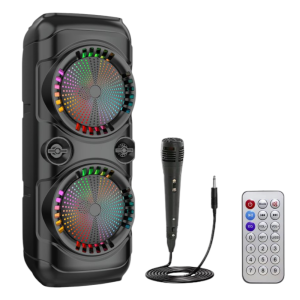 Boxa portabila tip troler cu microfon si telecomanda, bluetooth, 4500mAh, jocuri lumini RGB, USB, card SD, radio, 2 difuzoare 8 inch, putere 2 x 20 W