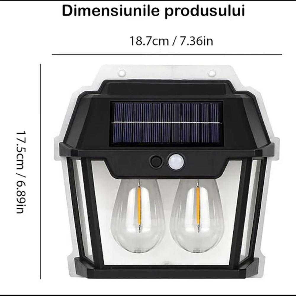 Lampa solara de exterior tip felinar cu 2 becuri LED 2W