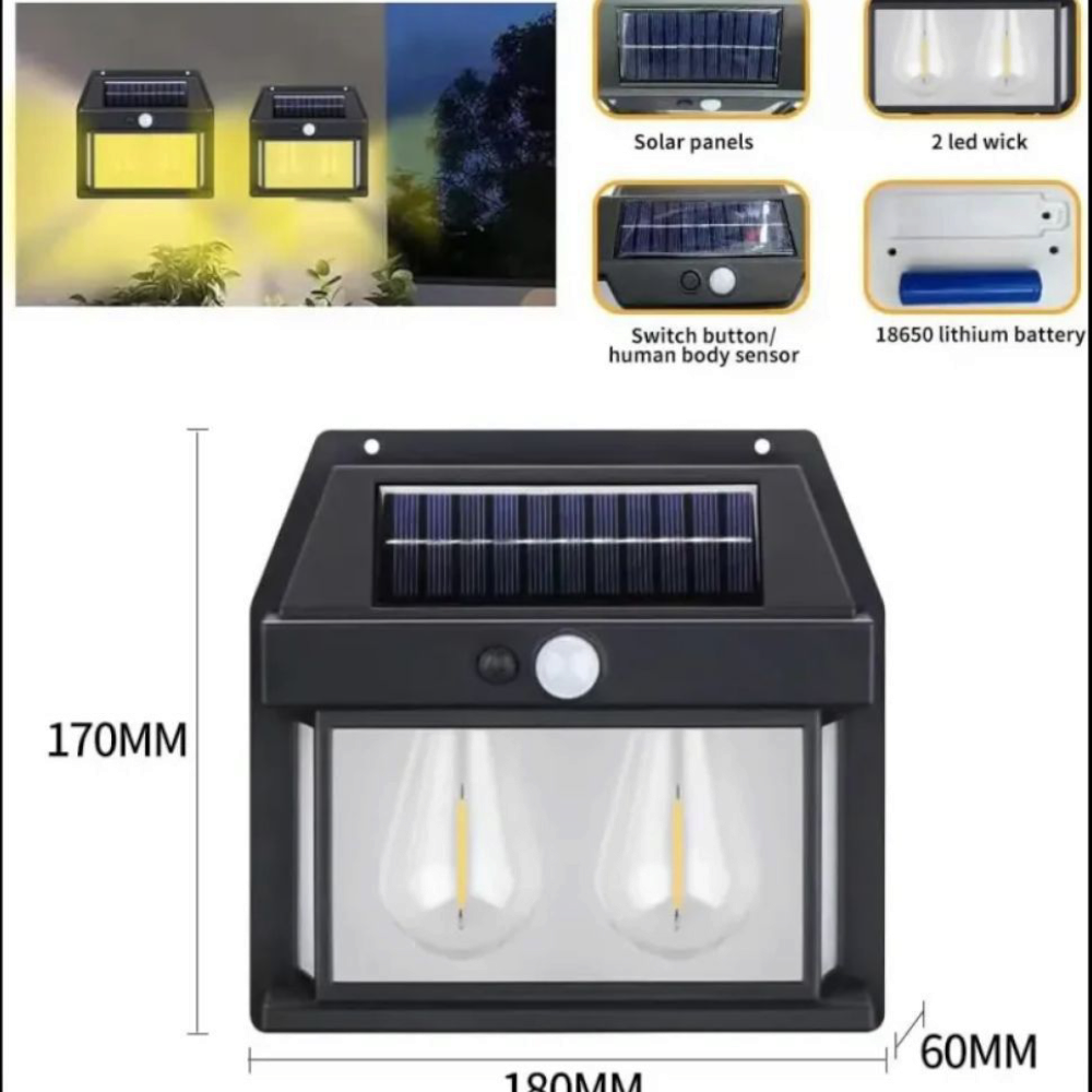 Lampa solara de exterior tip felinar cu 2 becuri LED 2W