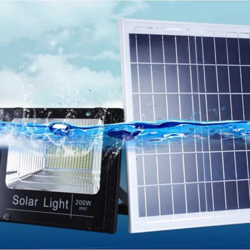 Lampa solara de exterior cu telecomanda si senzor lumina, 200 W, proiector cu 54 LED SMD, panou solar inclus