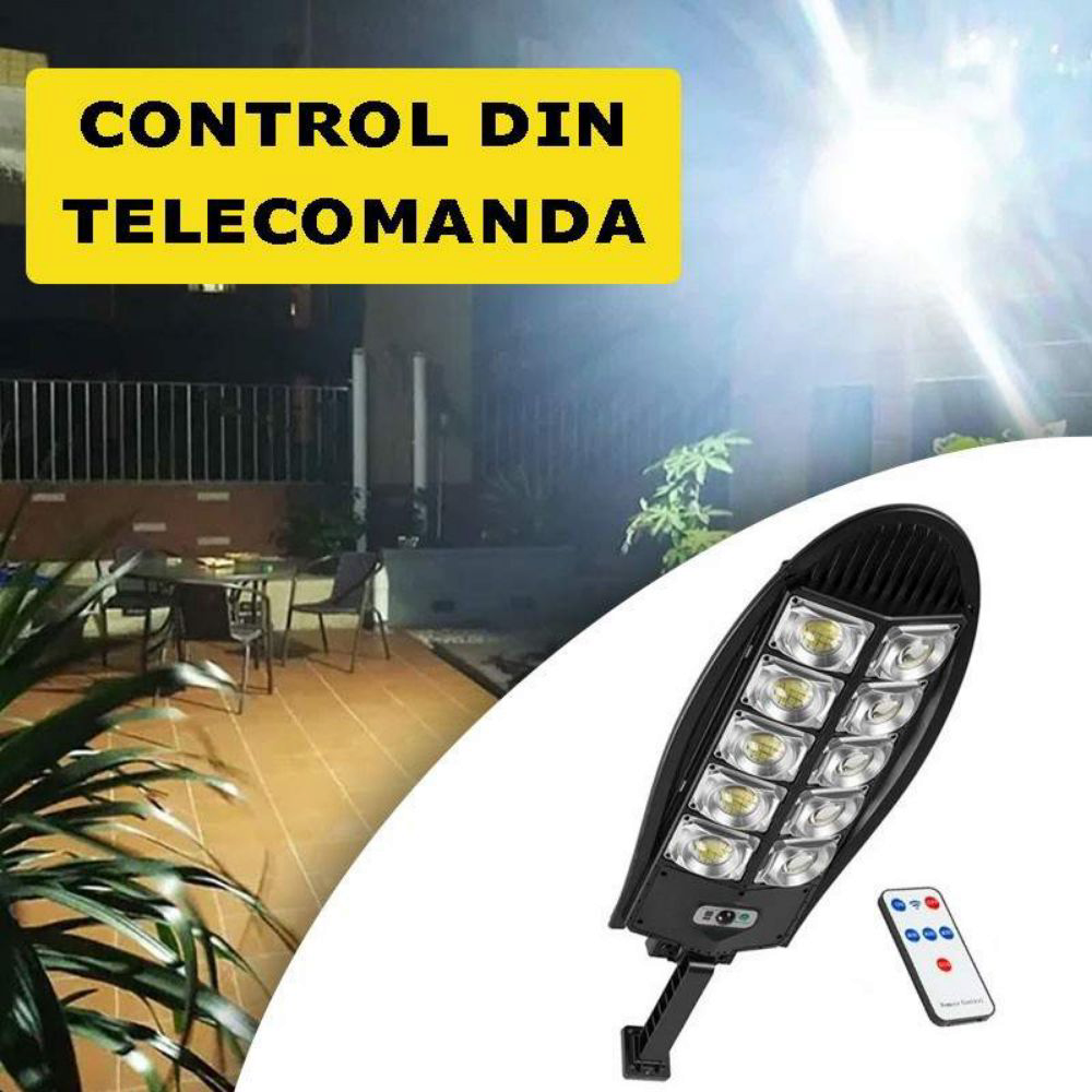 Lampa Solara Stradala Sau Gradina Cu Panou Solar Incorporat, 300 LED SMD, Lumina Neutra, Control Telecomanda, Senzori de Amurg, Miscare si Lumina, Brat de Montare, Rezistenta la Apa IP65, 3 Moduri De Lumina, Kit Montaj Inclus