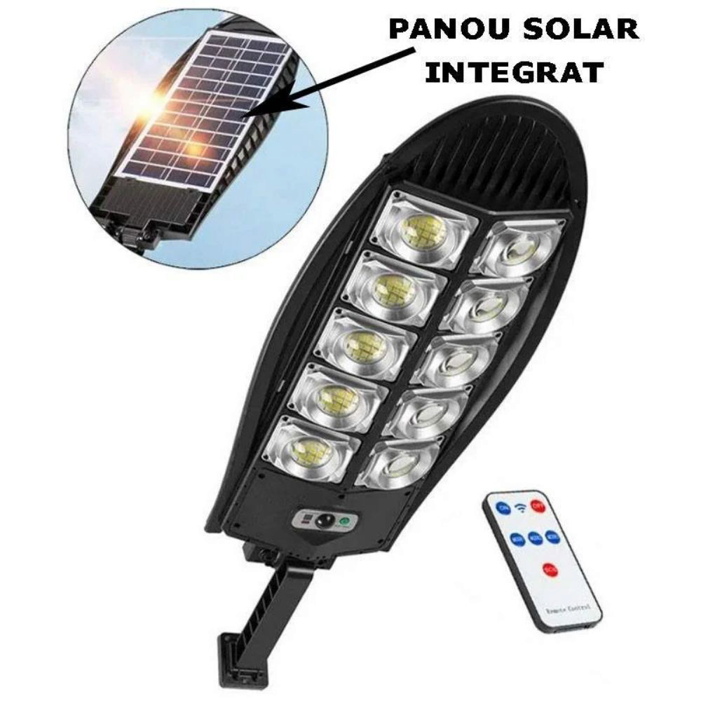 Lampa Solara Stradala Sau Gradina Cu Panou Solar Incorporat, 300 LED SMD, Lumina Neutra, Control Telecomanda, Senzori de Amurg, Miscare si Lumina, Brat de Montare, Rezistenta la Apa IP65, 3 Moduri De Lumina, Kit Montaj Inclus
