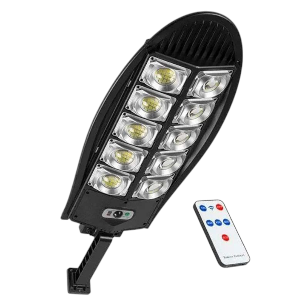Lampa Solara Stradala Sau Gradina Cu Panou Solar Incorporat, 300 LED SMD, Lumina Neutra, Control Telecomanda, Senzori de Amurg, Miscare si Lumina, Brat de Montare, Rezistenta la Apa IP65, 3 Moduri De Lumina, Kit Montaj Inclus
