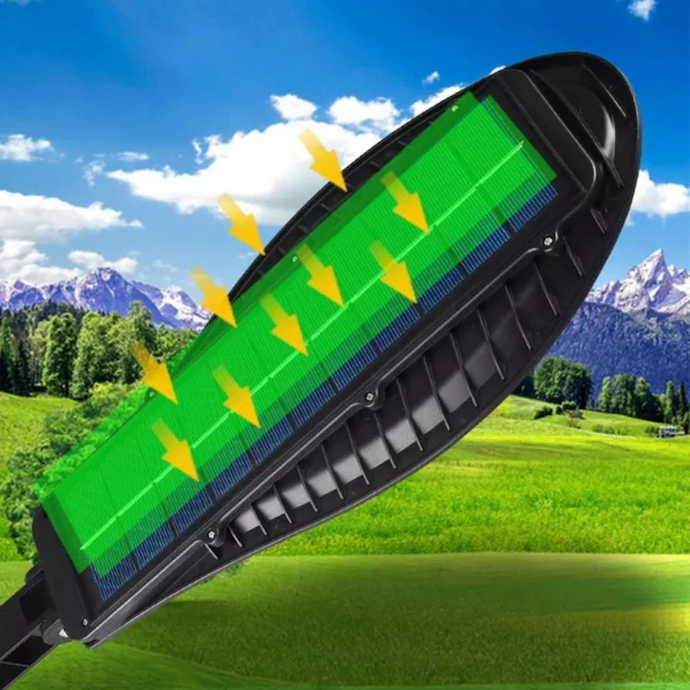 Lampa Solara Stradala Sau Gradina Cu Panou Solar Incorporat, 300 LED SMD, Lumina Neutra, Control Telecomanda, Senzori de Amurg, Miscare si Lumina, Brat de Montare, Rezistenta la Apa IP65, 3 Moduri De Lumina, Kit Montaj Inclus