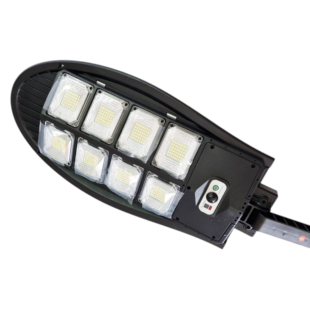 Lampa stradala cu incarcare solara, cu senzor de miscare 8 LED lense, 60W, negru