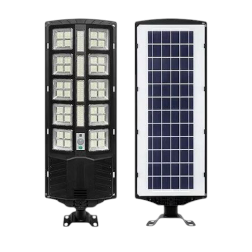 Lampa solara stradala sau gradina cu panou solar incorporat, 380 LED SMD, lumina neutra, control din telecomanda, senzori amurg, miscare si lumina