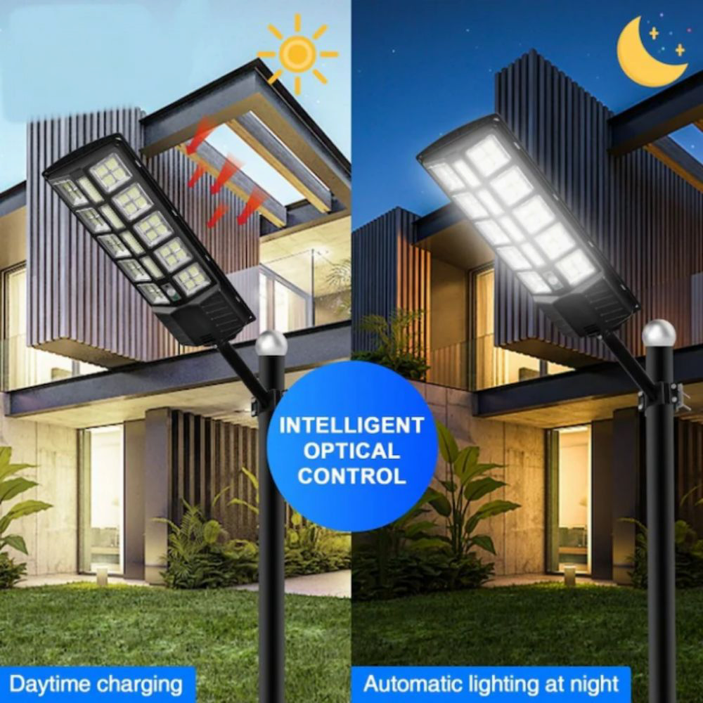 Lampa solara stradala sau gradina cu panou solar incorporat, 380 LED SMD, lumina neutra, control din telecomanda, senzori amurg, miscare si lumina