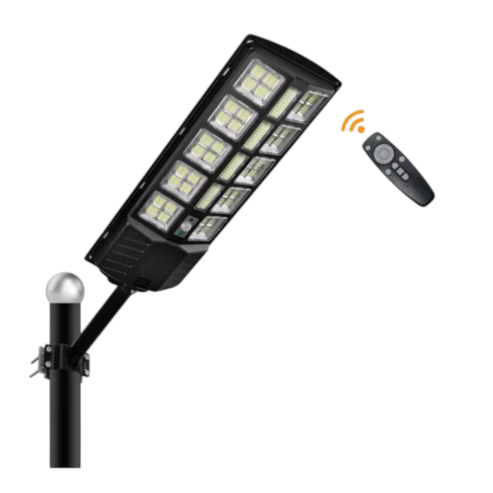 Lampa solara stradala sau gradina cu panou solar incorporat, 380 LED SMD, lumina neutra, control din telecomanda, senzori amurg, miscare si lumina