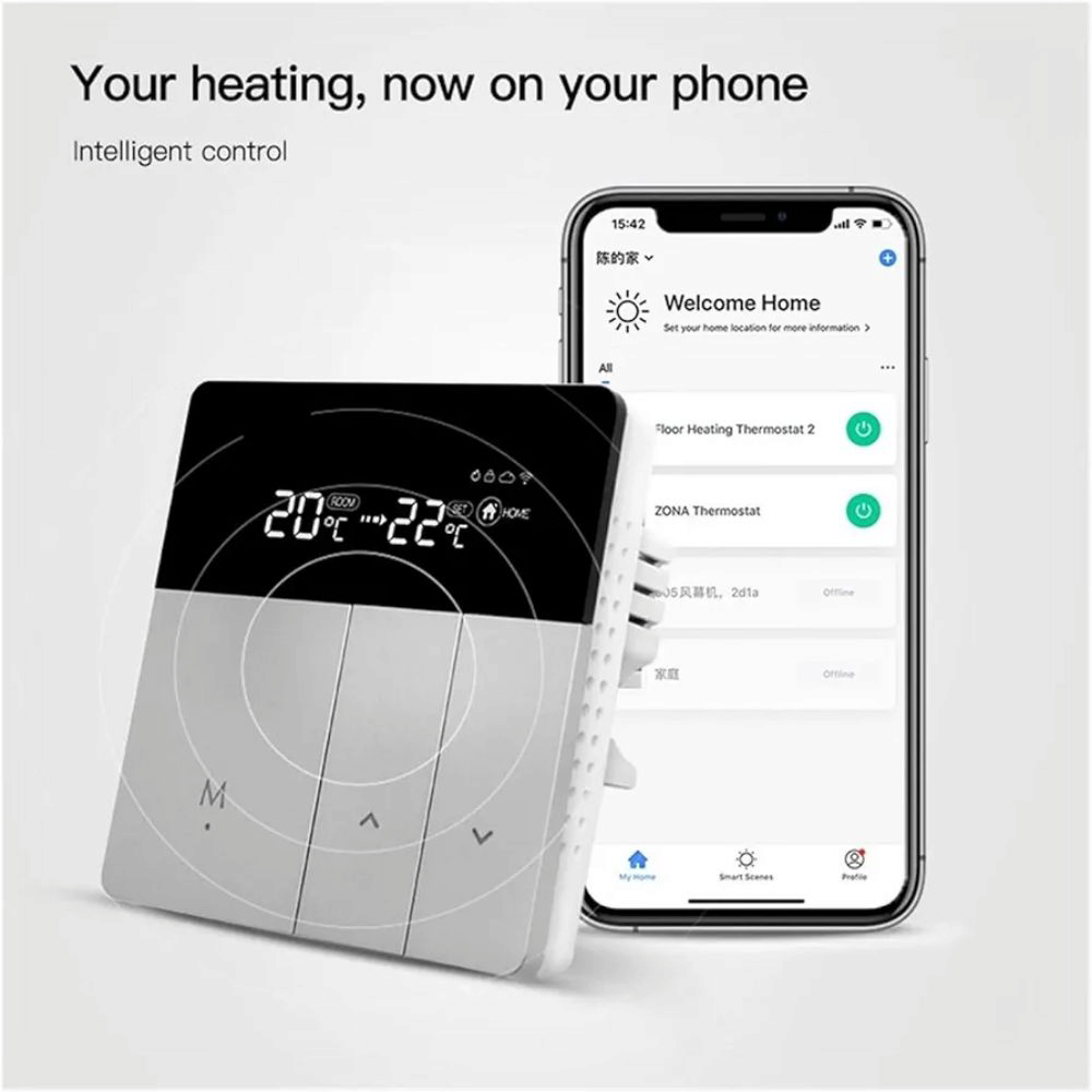 Termostat smart WiFi pentru incalzire in pardoseala, 200-240V, Bluetooth, ecran LCD