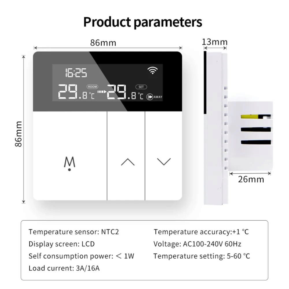 Termostat smart WiFi pentru incalzire in pardoseala, 200-240V, Bluetooth, ecran LCD
