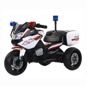 Motocicleta electrica de politie pentru copii 2-7 ani, 6 V, 3 roti, cu sunete si lumini LED, mers cu spatele, alb