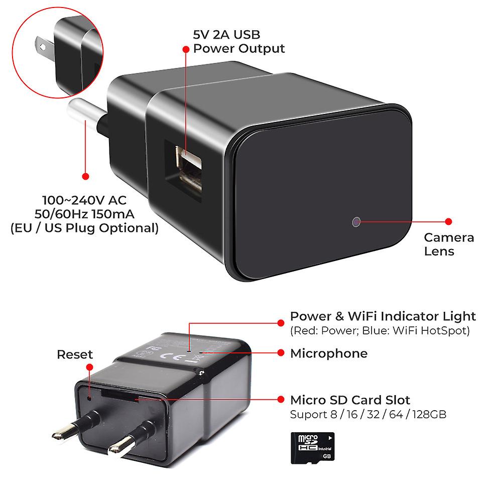 Incarcator usb cu camera spion, WiFi, Full HD, Senzor de miscare, Suport 128 GB, Dispozitiv de spionaj